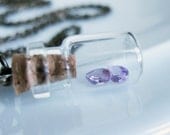 Amethyst Bottle Necklace. Tiny Treasures Glass bottle. Antiqued Brass Chain. Gemstone Birthstone Necklace. Keepsake Jewelry