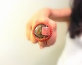 50% off - Vintage Button Ring, Adjustable, Brown, Orange Crochet Surround, Copper Wire, Square Glass Bead, Silver Metal