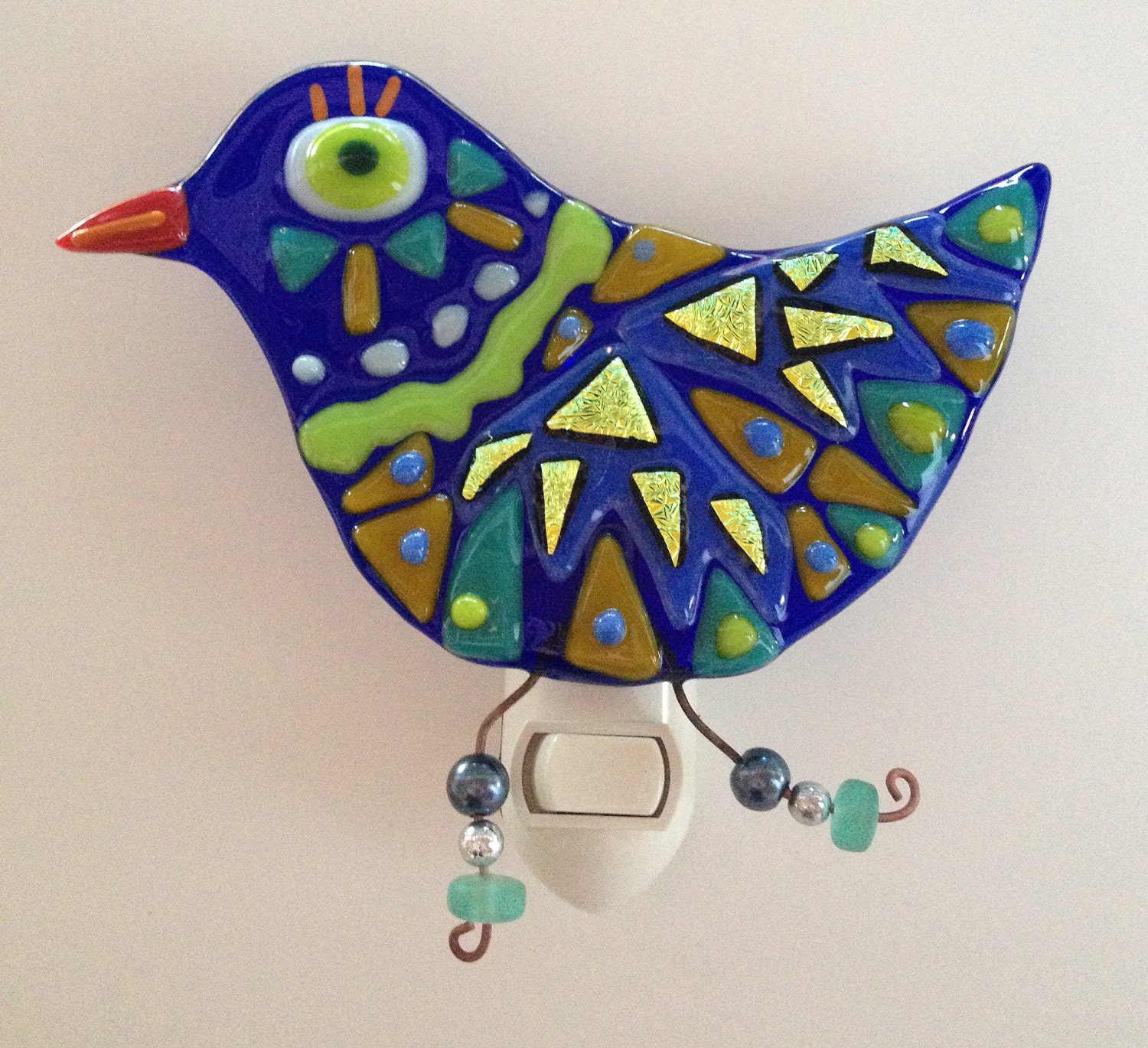 Blue and Dichroic Sunburst Bird Fused Glass Nightlight
