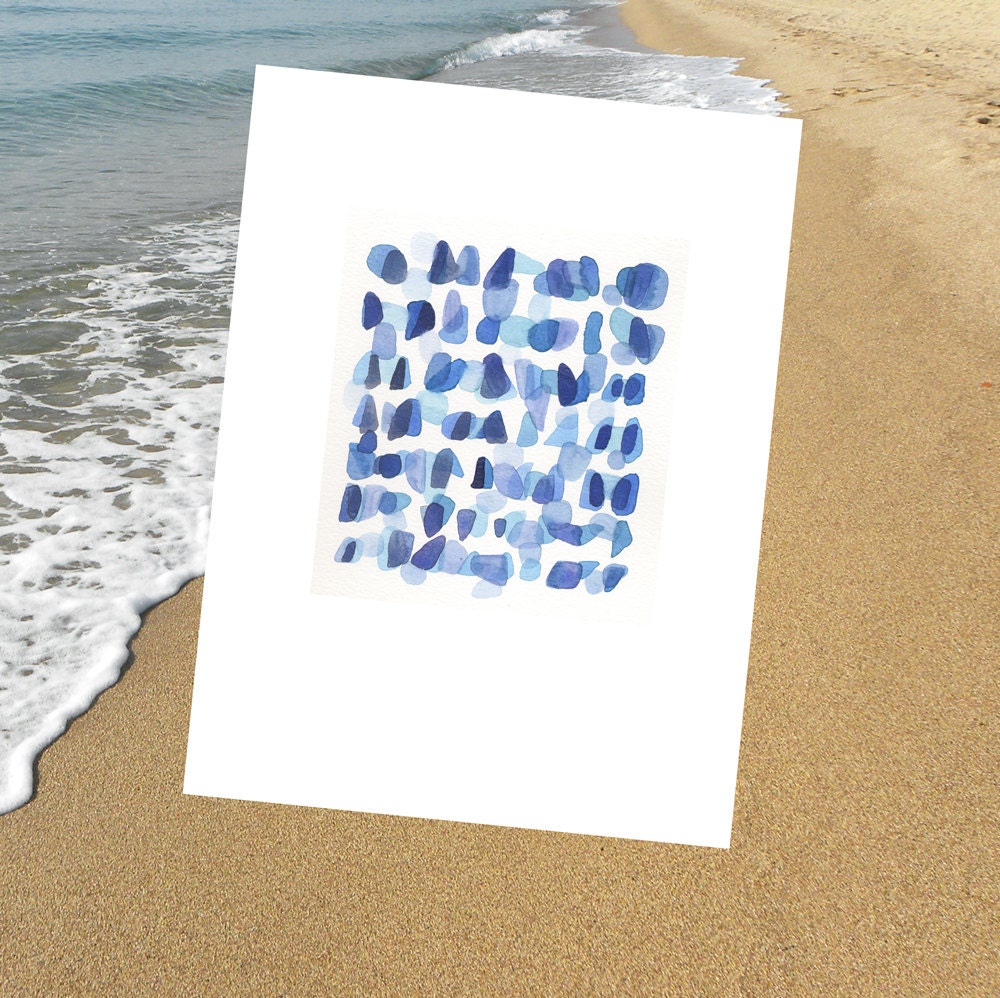 Sea Glass original painting Watercolor Beach Finds Ultramarine blue home decor