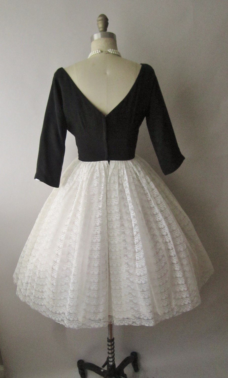50's Cocktail Dress // Vintage 1950's Black & White Lace Cocktail Party Full Dress XS