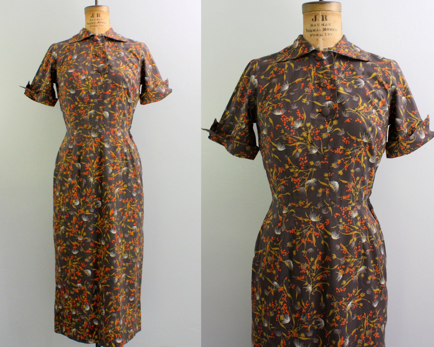 vintage 1940s dress / 40s cotton dress / asian print dress small