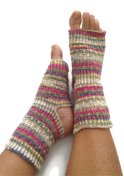 Toeless Yoga Socks Hand Knit in Watercolor Stripes Pedicure Pilates Dance