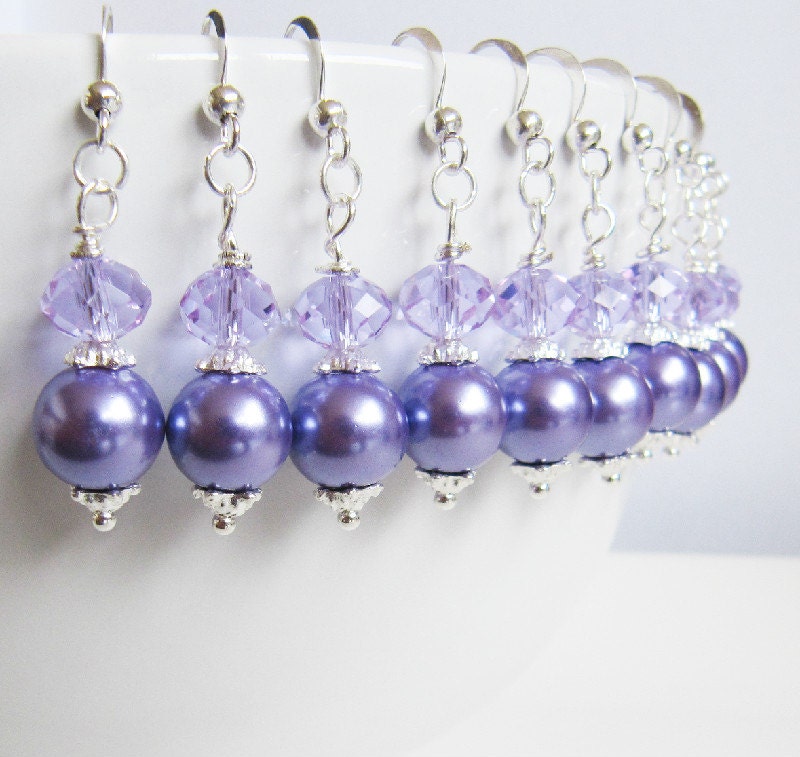 5 pair Bridesmaid earrings, weddings, jewelry, dangle earrings, drop earrings, Bridal Accessories, pearl earrings, purple earrings