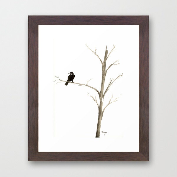 Ink Painting - Raven in a Tree - Mimimalist Art - Gothic Bird Sumi-e