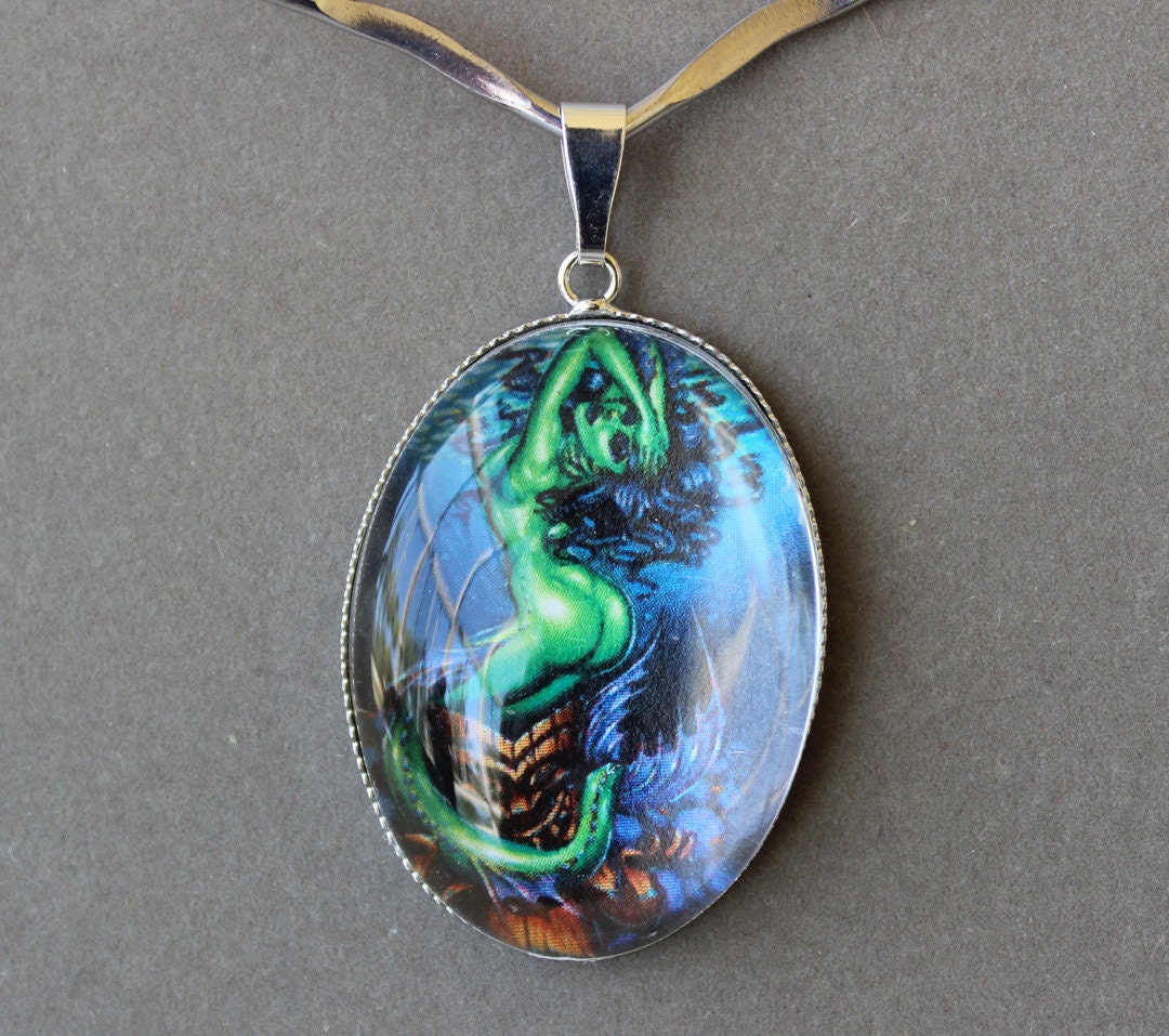 Green Siren Mermaid Goddess BigToe Silver Tone Choker