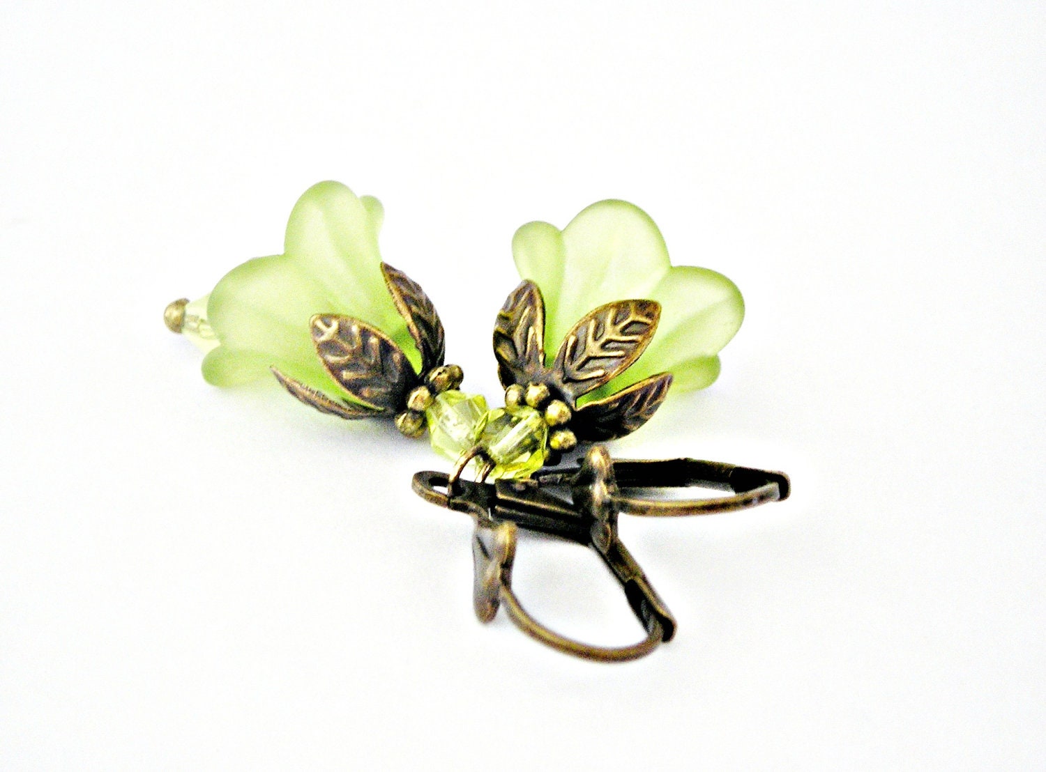 Bright chartreuse bell flowers brass vintage style earrings