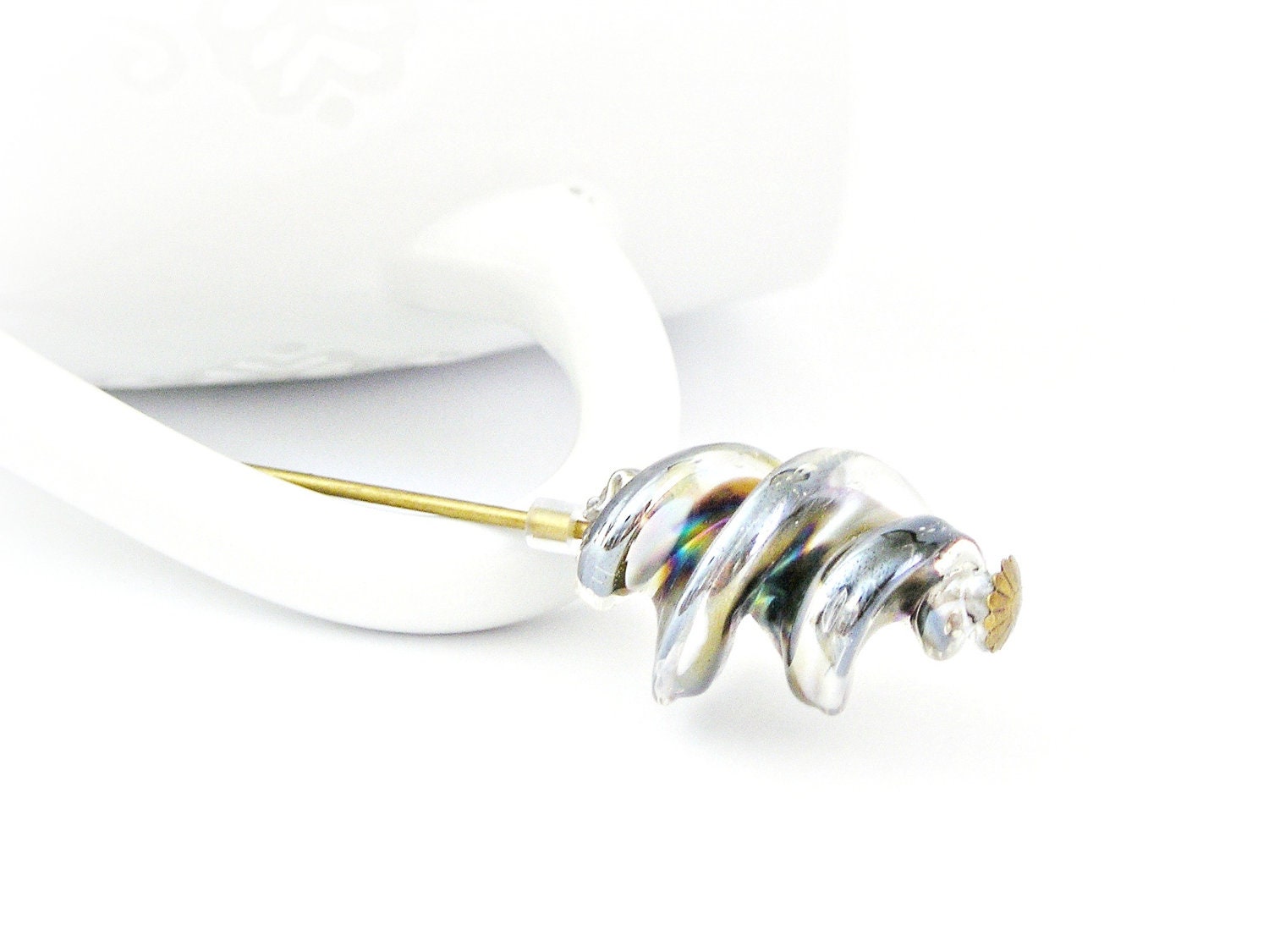 Swirl lampwork bead antique gold hatpin brooch