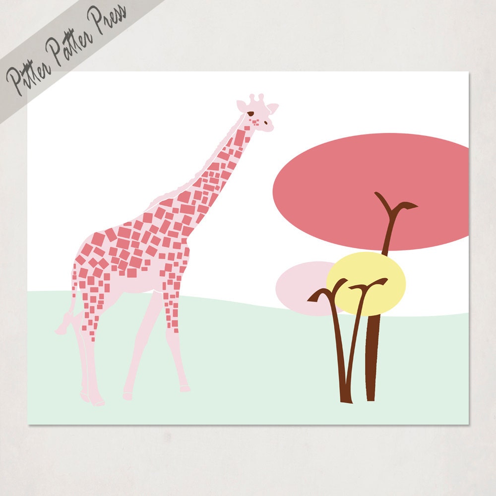 Nursery Art, Pink Giraffe Wall Art Print, Girl's Nursery Illustration, Baby Shower Gift, kid's animal safari themed room, size 8x10