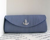 Nautical navy blue clutch bag with silver rhinestone anchor, bridesmaid gift, nautical wedding. Made to order