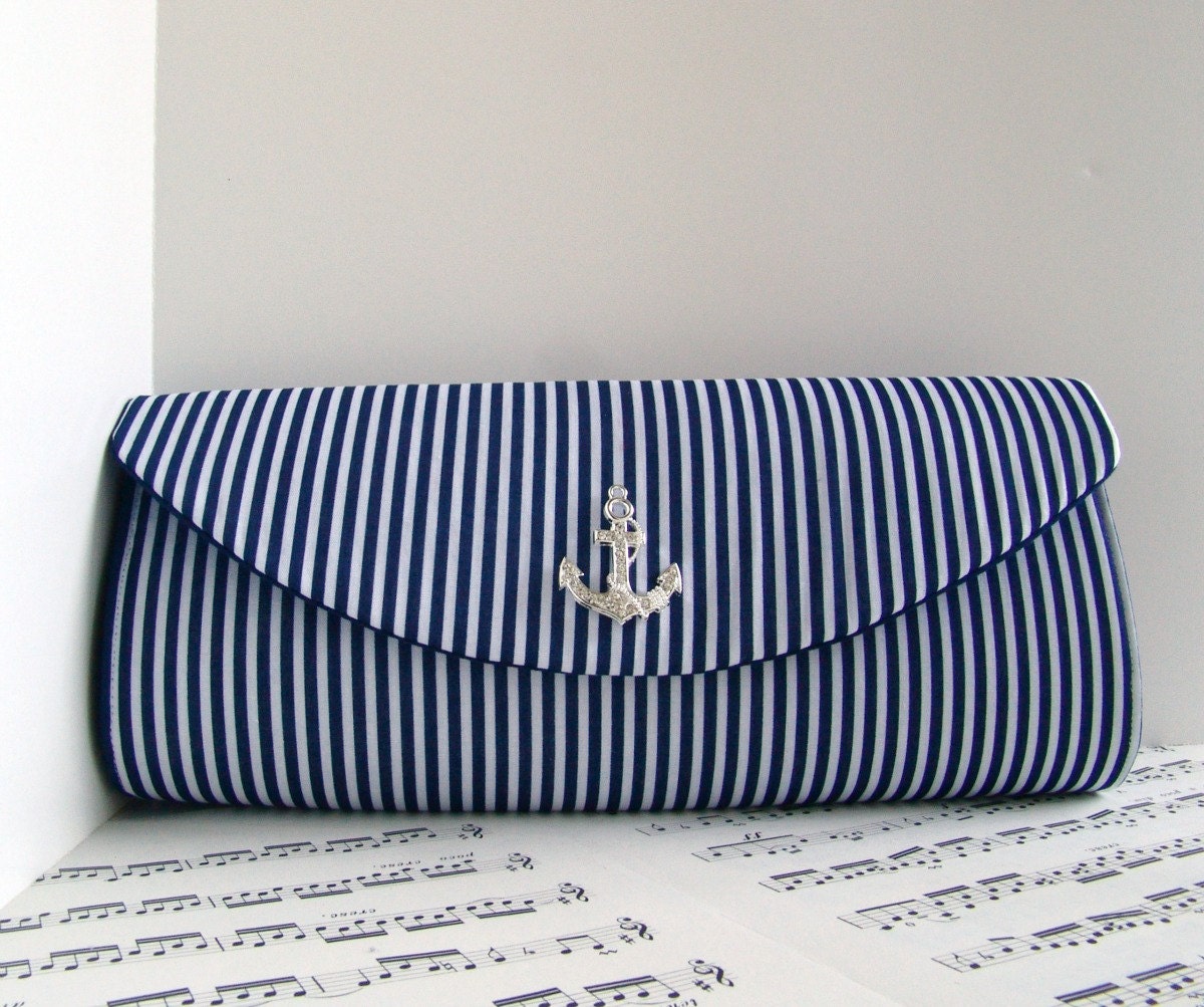 Nautical navy blue clutch bag with silver rhinestone anchor, bridesmaid gift, nautical wedding. Made to order