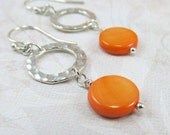 Orange Mother of Pearl Earrings Hammered Sterling Silver