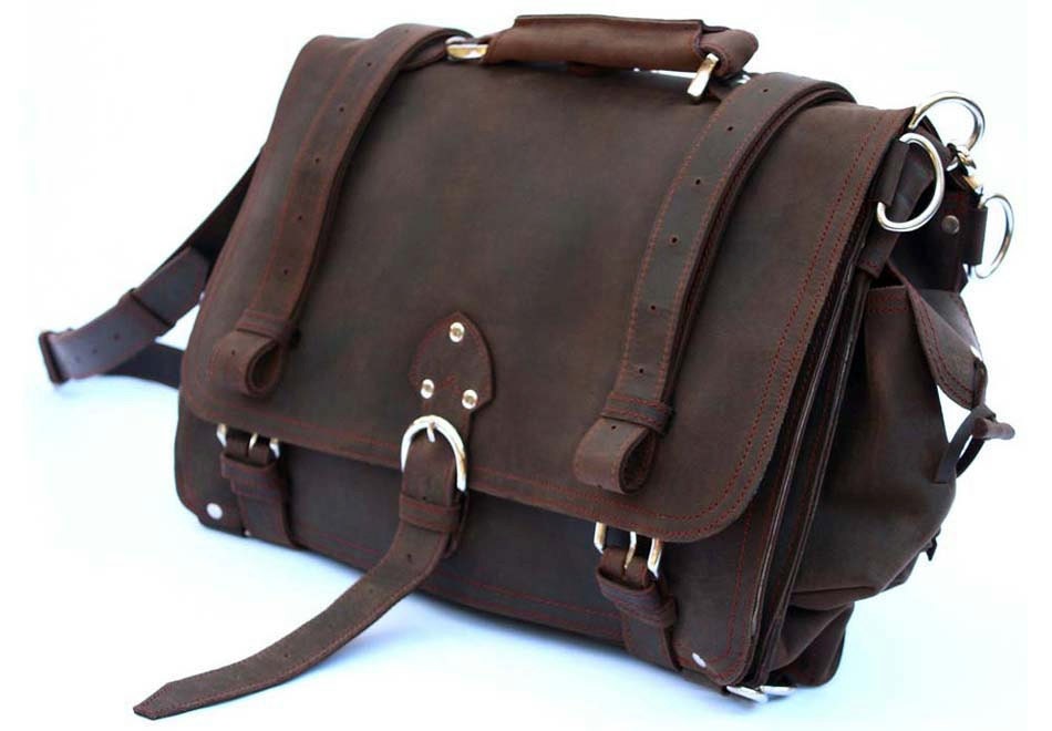 Leather Briefcase Messenger Bag Backpack MEDIUM - Rich Chocolate Brown Distressed, Rugged