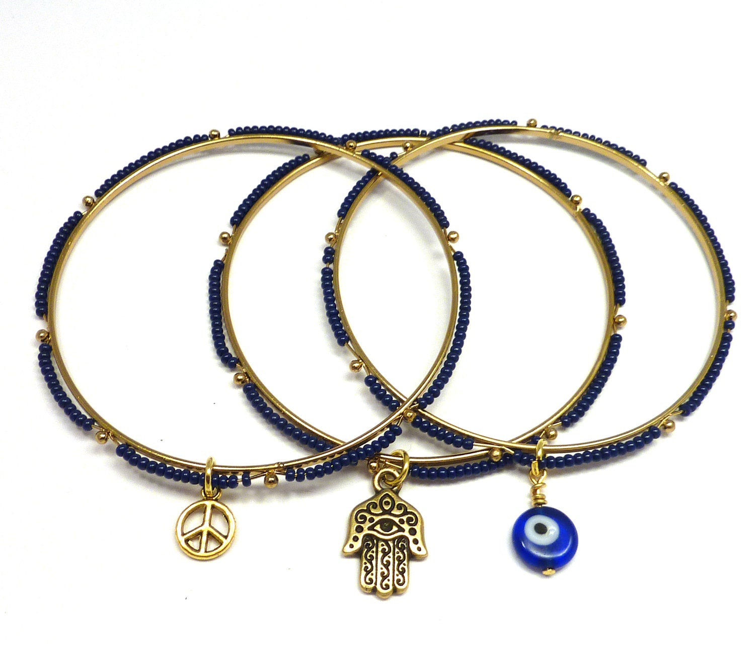 Beaded Bangle Set with Hamsa, Evil Eye,and Peace Sign Charms, yoga jewelry, yoga bracelet, boho chic jewelry