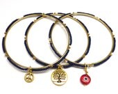 Beaded Bangle Set with Tree of Life, Evil Eye,and Peace Sign Charms, yoga jewelry, yoga bracelet, boho chic jewelry