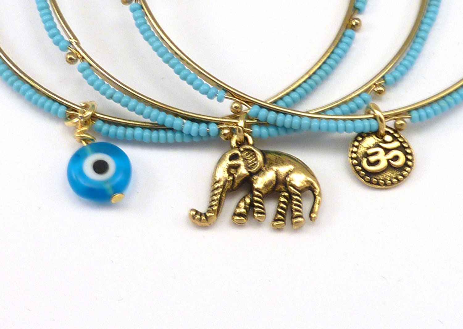 Beaded Bangle Set with Om, Evil Eye,and Elephant Charms, yoga jewelry, boho chic jewelry