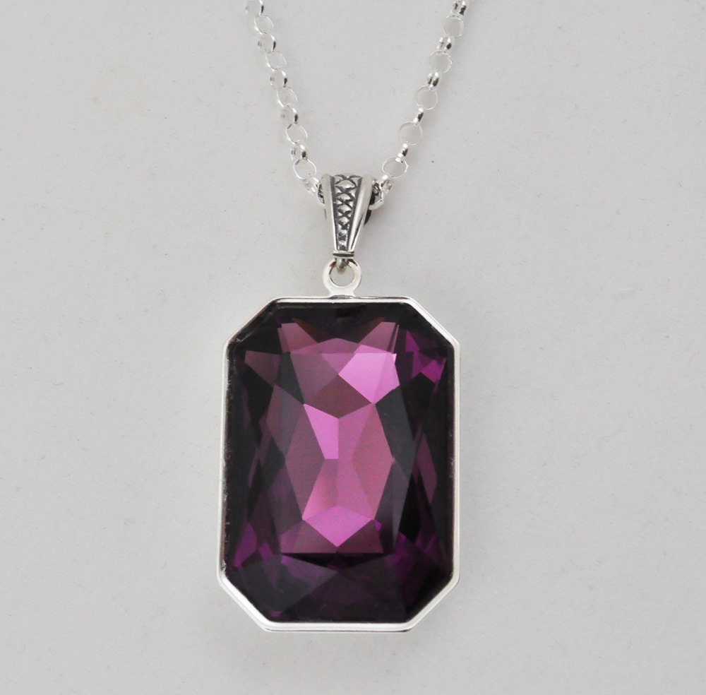 Large Faceted Swarovski Crystal Necklace, Sterling Silver Chain, Octagon, Rectangle, Amethyst Purple, Fall Fashion, February Birthstone