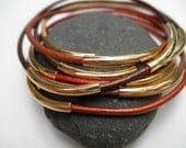 Set of 7 - Harvest Mix Colored Leather Bangles with Gold Tube Beads
