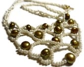 Freshwater Pearl Necklace Beaded in Ivory Cream and Bronze Fresh Water Pearls