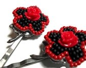 Rose Bobby Pins in Red and Black on Dark Pewter Metal Pins - Original Beadwoven Hair Accessories - Set of 2 Pins