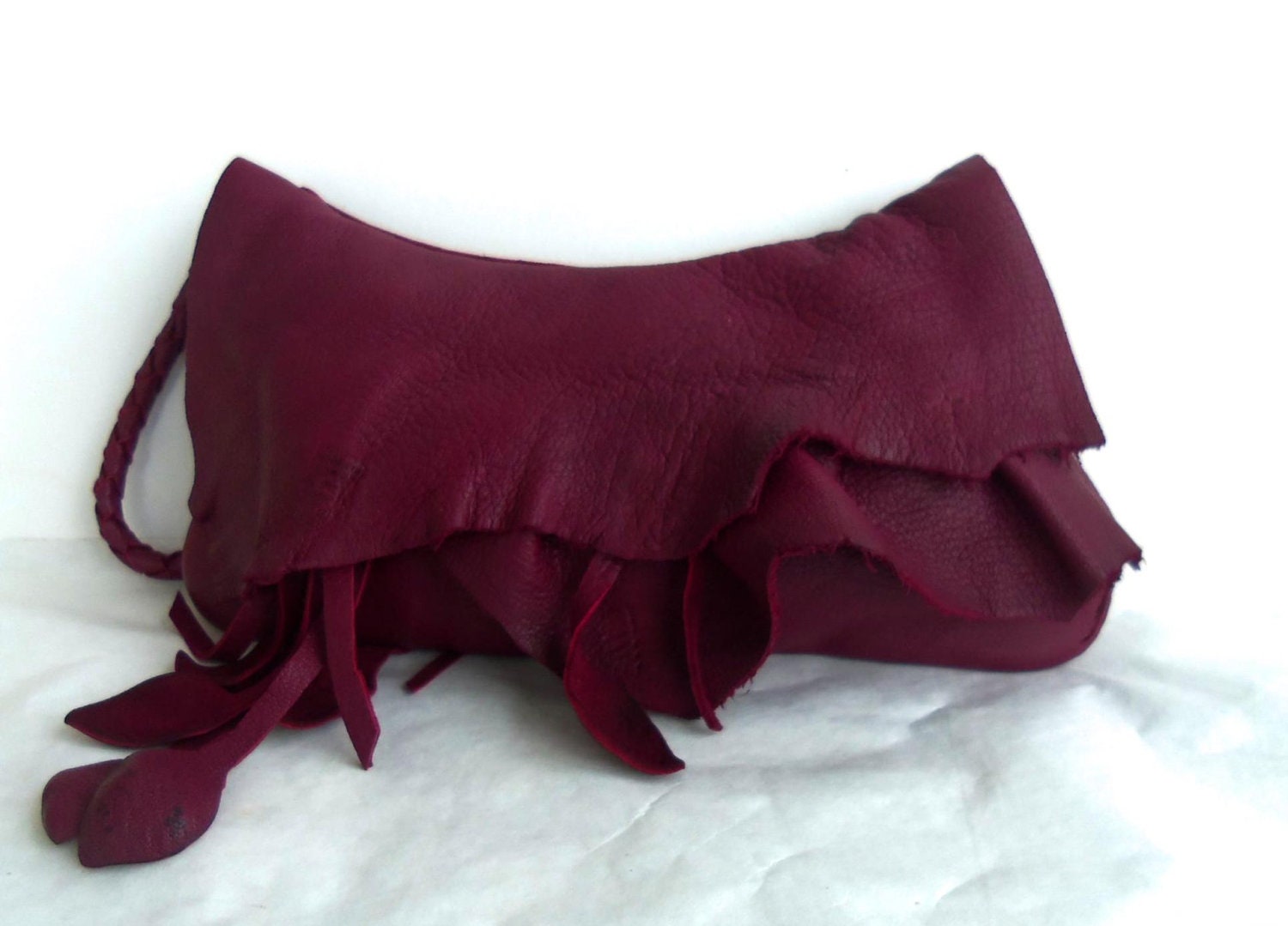burgundy red leather handbag, clutch, wristlet  with leaf fringe, by Tuscada. Ready to ship.