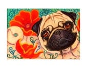 Pug painting art Poppies ORIGINAL Oil Pastel Painting Dog pug animal