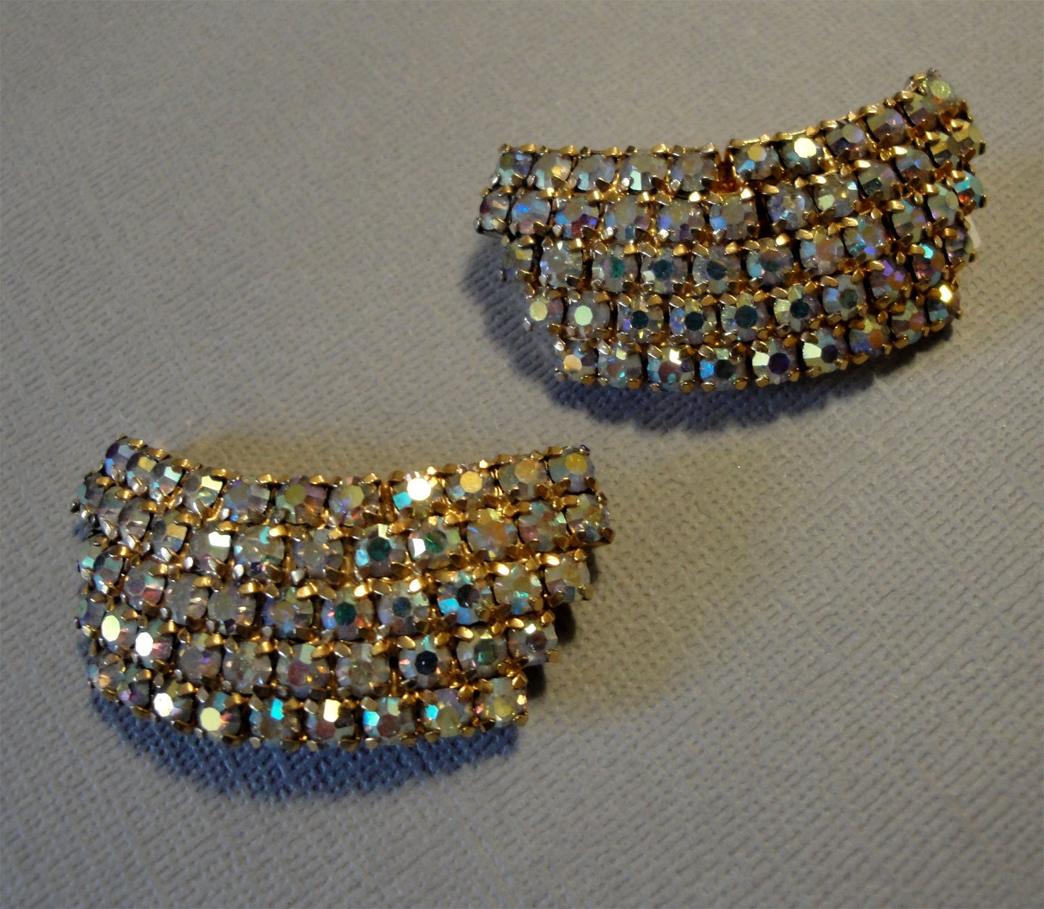 Vintage Shoe Clips with sparkling AB Rhinestones set in gold tone metal to dress up your bridal wedding shoes or  make your pumps elegant