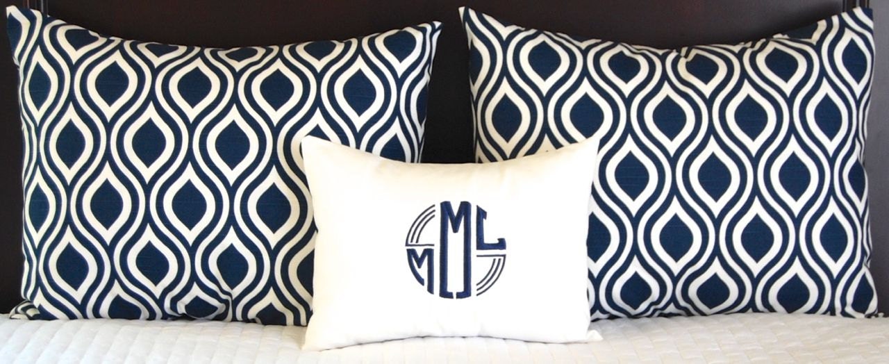 Pillow Shams Navy Blue Nicole Decorative Throw Pillow Covers Standard Full Queen Bedding Ensemble 19 x 25 Includes Monogrammed Pillow