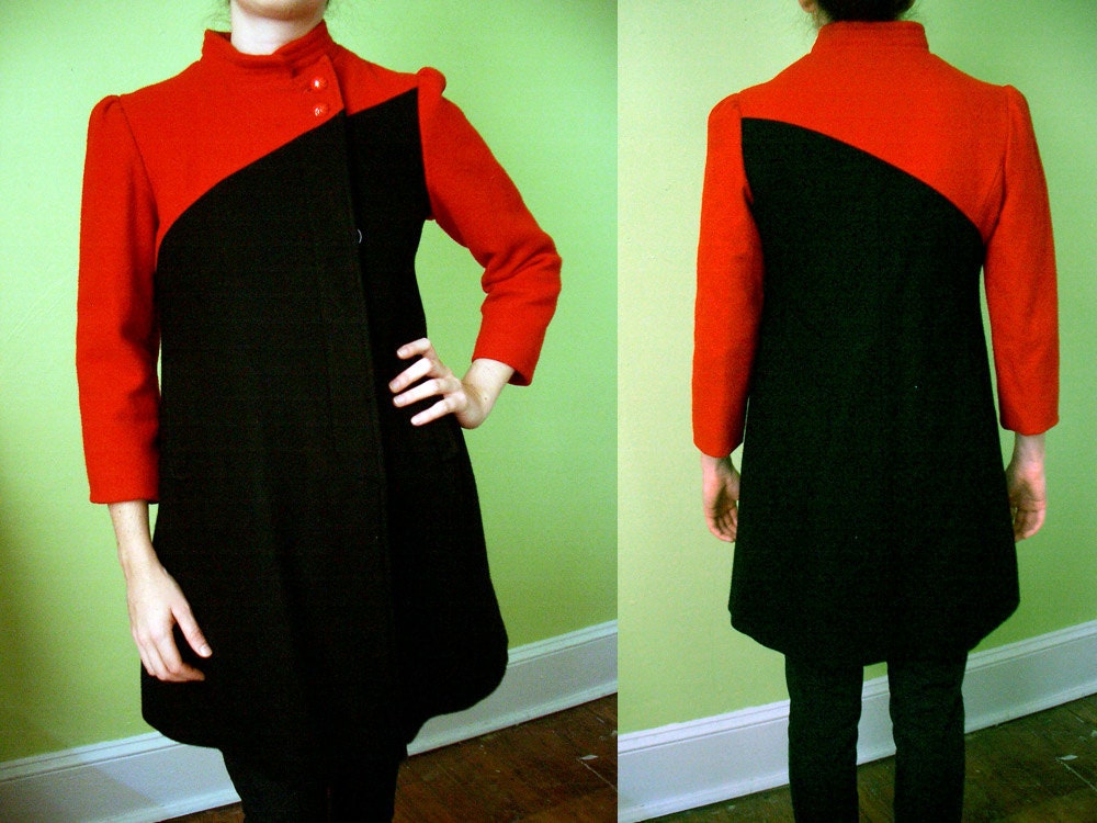 VINTAGE 80's Red and Black Wool Coat by Gallery - Size XS