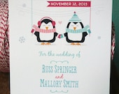 Penguin Wedding Save the Date, Whimsical Winter Penguin Couple Save the Date Wedding Invitations in Blue and Red
