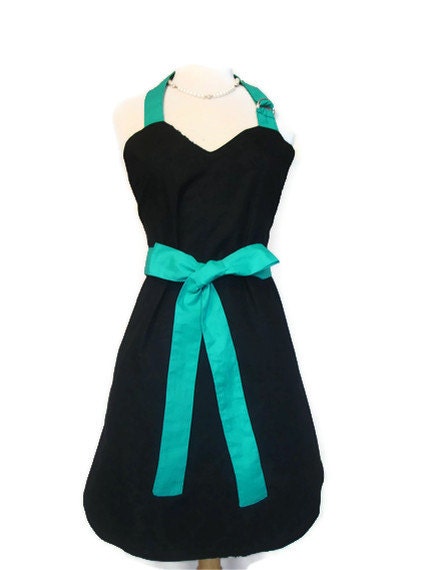 Retro Apron - Black and White Damask Apron with Teal Ties - Full Hostess Reversible Sweetheart Apron for women