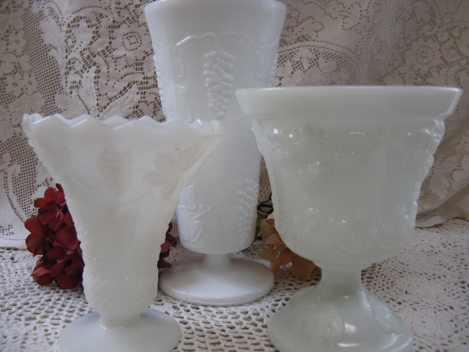 milkglass vase trio grape pattern ornate weddings garden parties shabby cottage