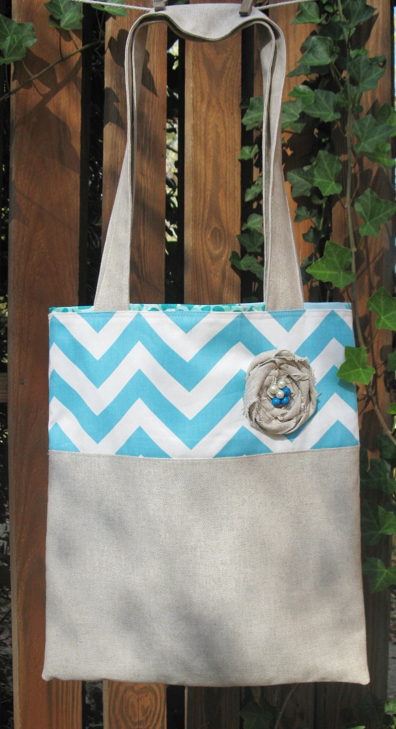Linen and Chevron Large Tote with Fabric Flower