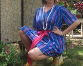 1970s Day Dress - Royal Blue & Magenta Abstract Print