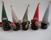 Pinecone Elf Ornament Set of 5 -- Woodland Holiday Decor - Forest Gnomes - Tabletop Mantel Tree - Stocking Stuffer