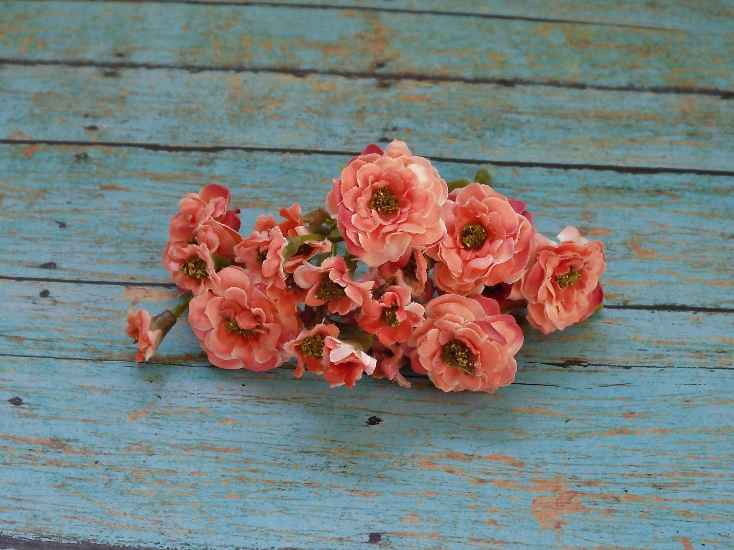 Silk Flowers - Artificial Pom Pom Roses in Coral Pink - VERY SMALL FLOWERS - Silk Flowers