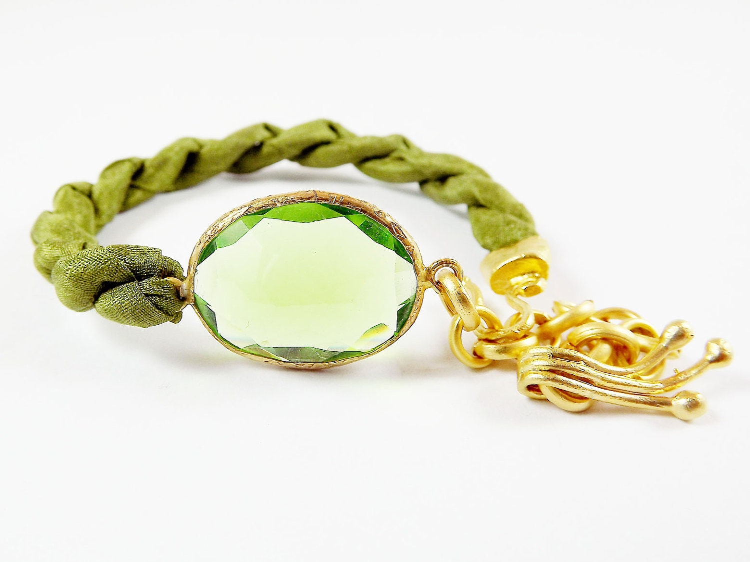 Clear / Translucent  Lime Green Quartz & Silk Turkish Stackable Bracelet - Gold Plated - Fall Fashion