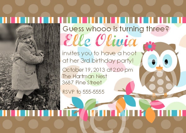 Hoot Owl Photo Invitation for Birthday Party or Baby Shower - Girls DIY Printable Invite by BeeAndDaisy Il_570xn