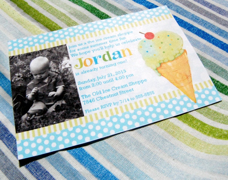 Blue Vintage Ice Cream Printable Photo Invite for Birthday Party or Baby Shower DIY Invitation by BeeAndDaisy Il_570xn