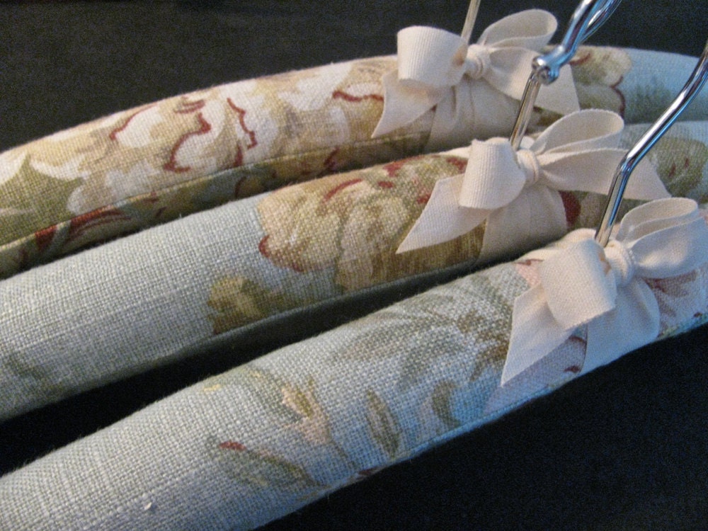 Homespun Linen Fabric, English Cottage Floral Padded Hangers with Natural Organic Ribbon  (Set of 3)