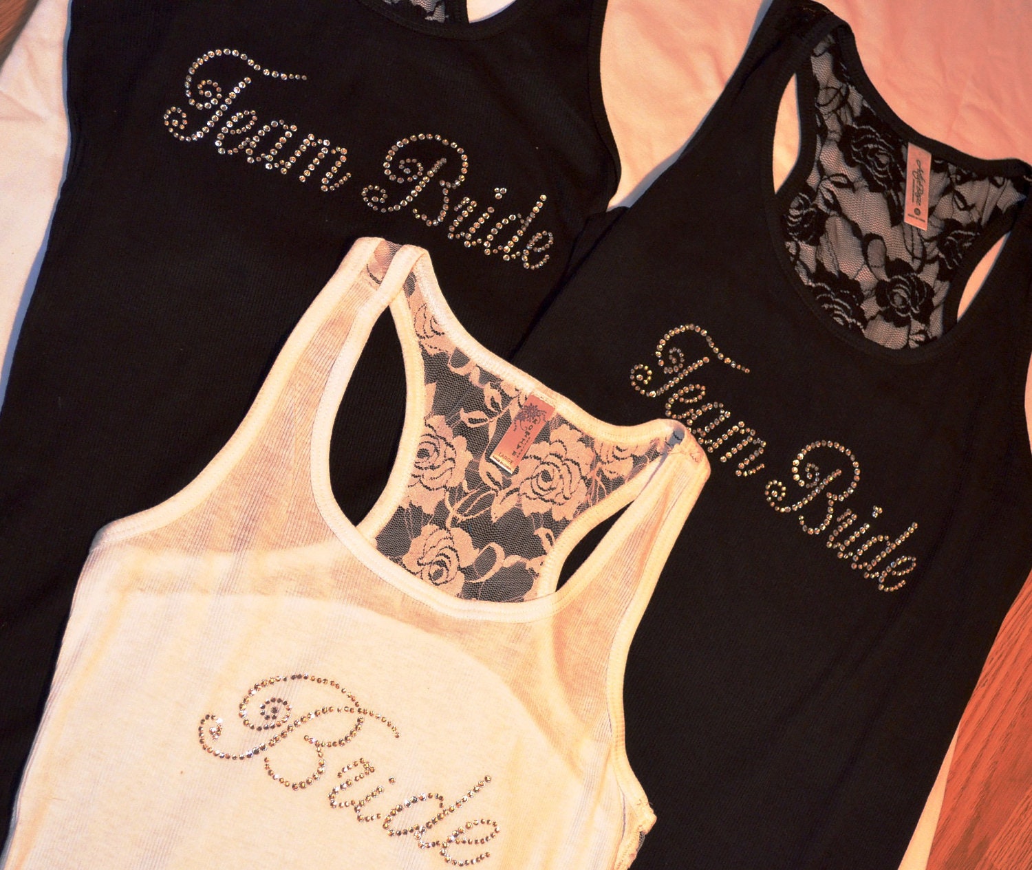 7 Bridesmaid half Lace Tank Top Shirt: bridal party, black, white, hot pink, peach, pink, aqua crystal rhinestone bride, racerback