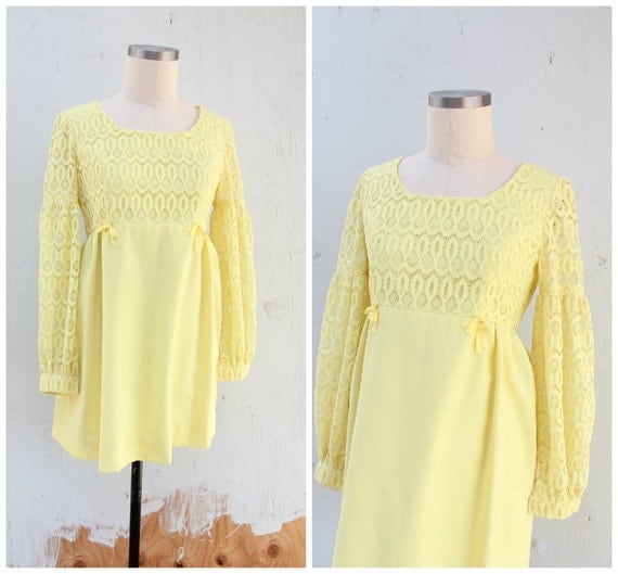 1960s Sunshine Yellow Mini Long Sleeve Lace Dress / Small