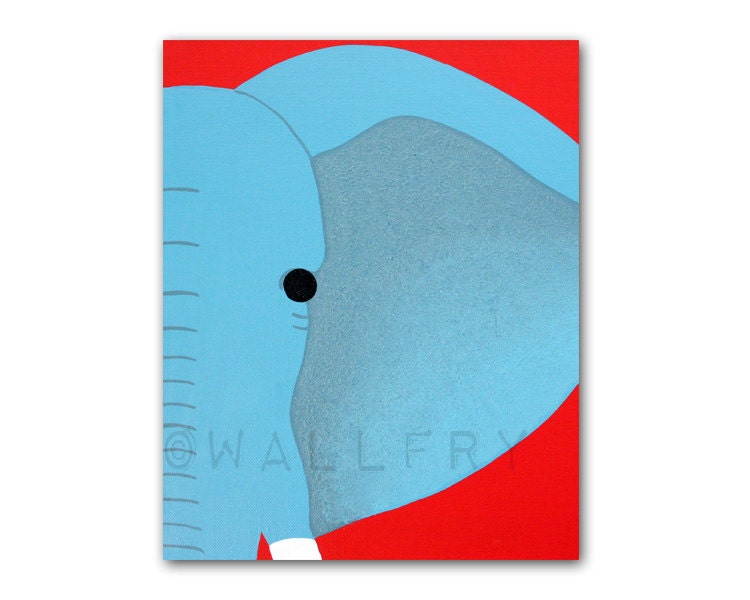 Elephant Print for baby / Child nursery. 8x10 modern print of safari artwork, jungle art, zoo decor animal for kids rooms in red & blue