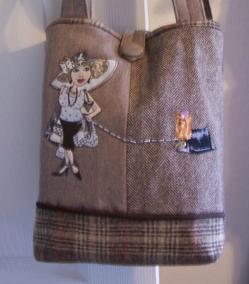 OOAK embroidered handmade recycled wool suit, tote, hand bag, purse, with an embroidered yorkie and Loralie shopper