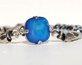 Peacock Blue Opal Rhinestone Bracelet  Antique Silver Bracelet Vibrant and Chunky