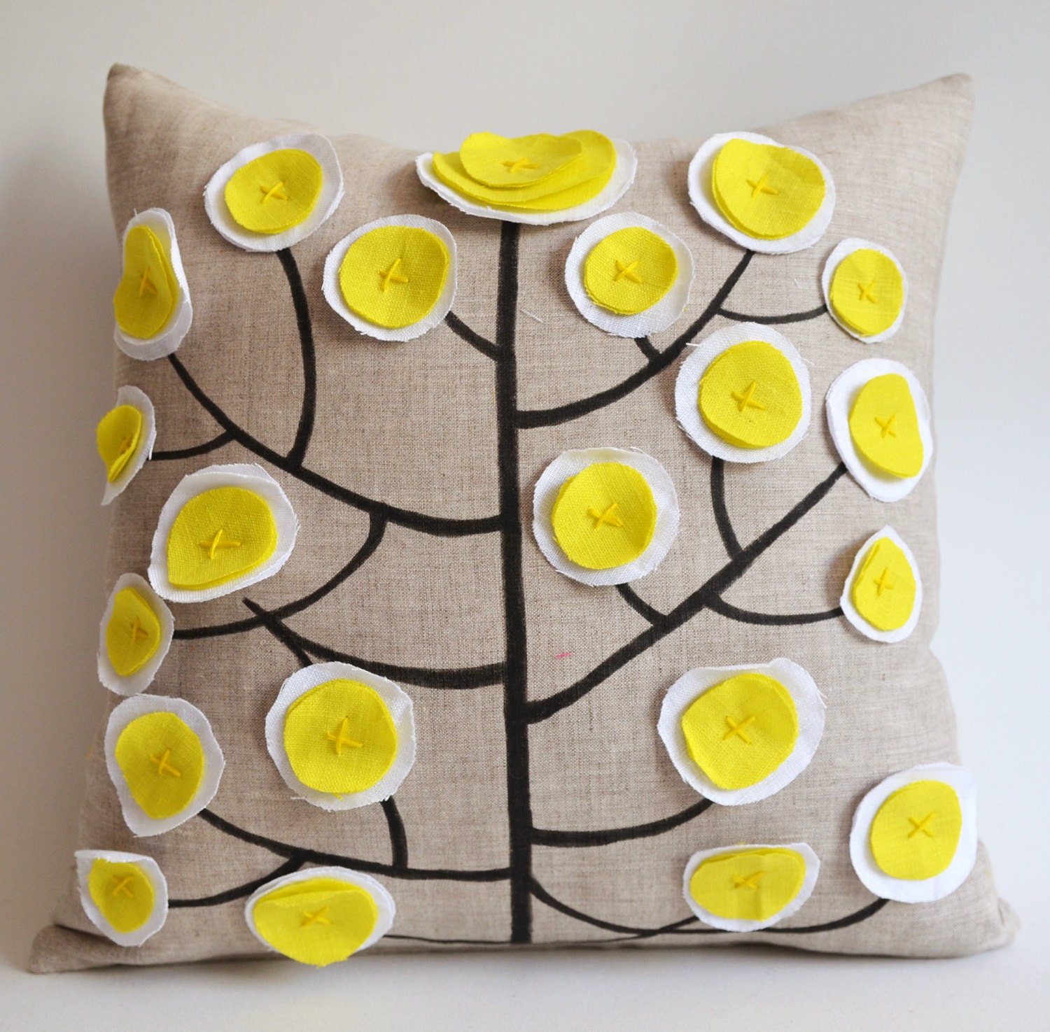 Sukan / Pen Pattern Tree Pure Linen Pillow Cover - 14x14 inch - Lime Yellow, White Color