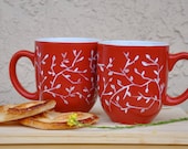 Set of Two White on Red Coffee Mugs - Hand Painted Ceramic - made to order - PictureInADream