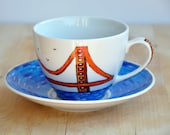 Made to Order Porcelain Tea Cup and Saucer Set - The Golden Gate Bridge Souvenir - Hand Painted Ceramic - Orange and Blue