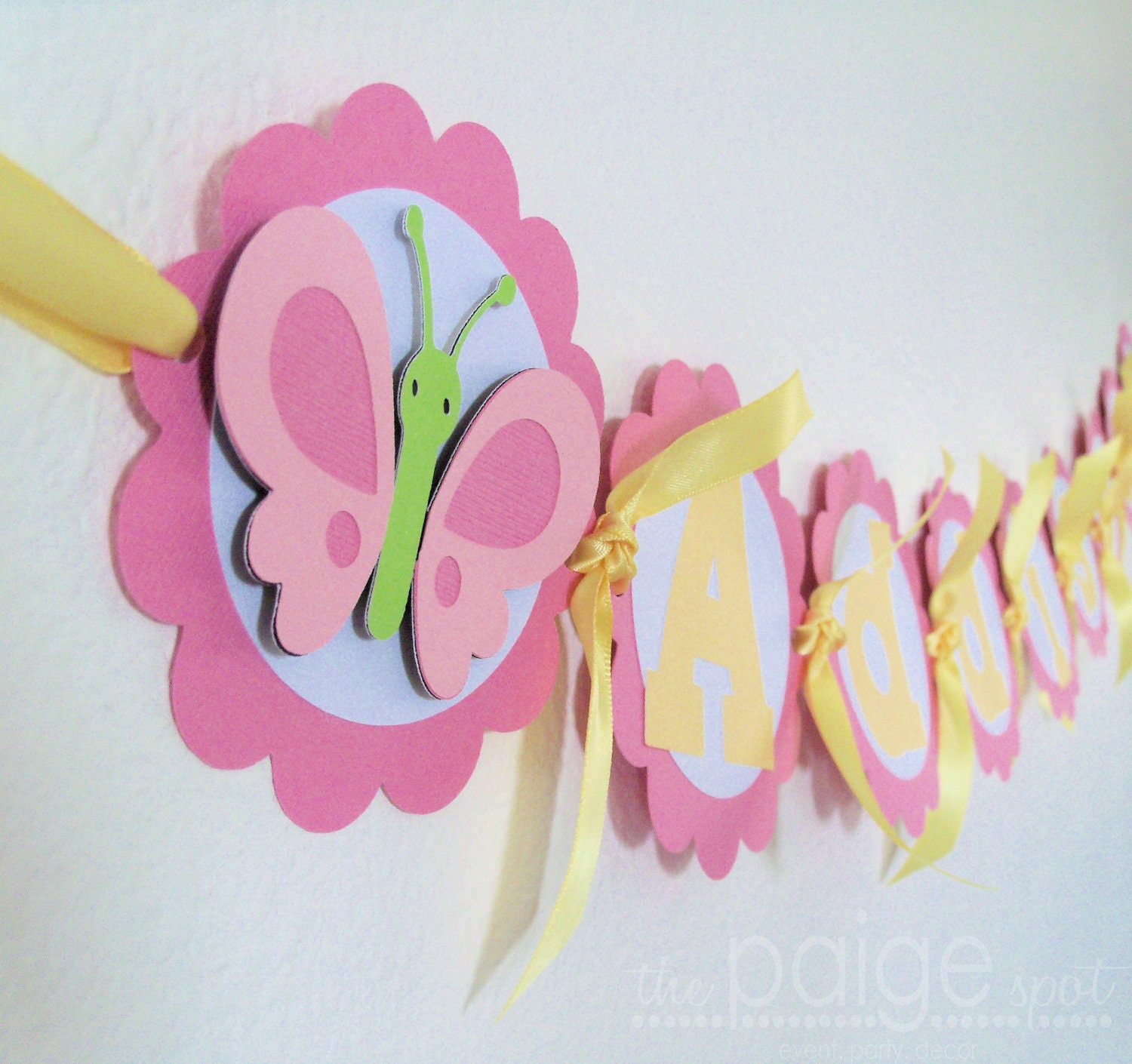 Butterfly Banner - (pink, white, yellow, lime green) - room decoration, birthday party, baby shower - Bella the Butterfly Collection
