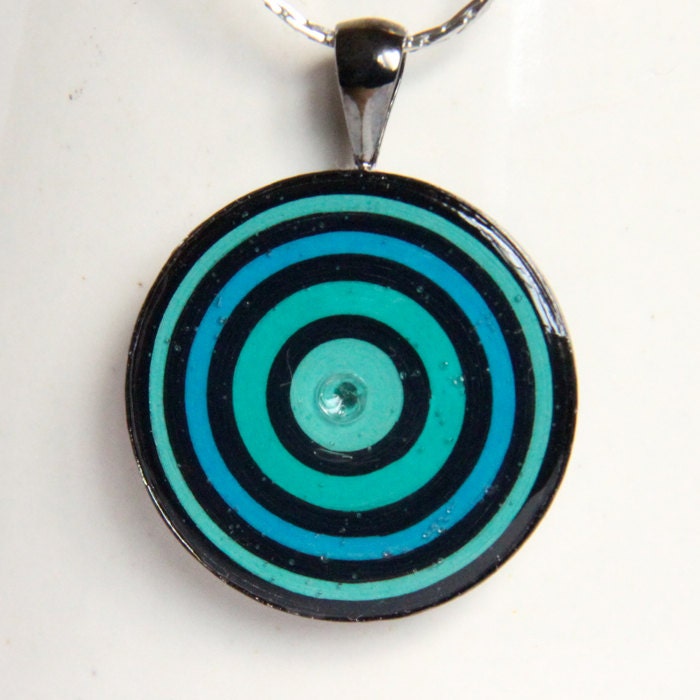 Neon Circle Pendant Handmade Bullseye Aqua Turquoise and Black Eco Friendly Jewelry Artisan Jewelry
